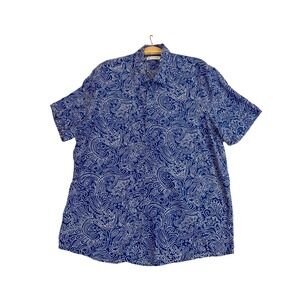 Cubavera Boho Paisley Print Button Up Short Sleeve Shirt Men XL Blue Coastal